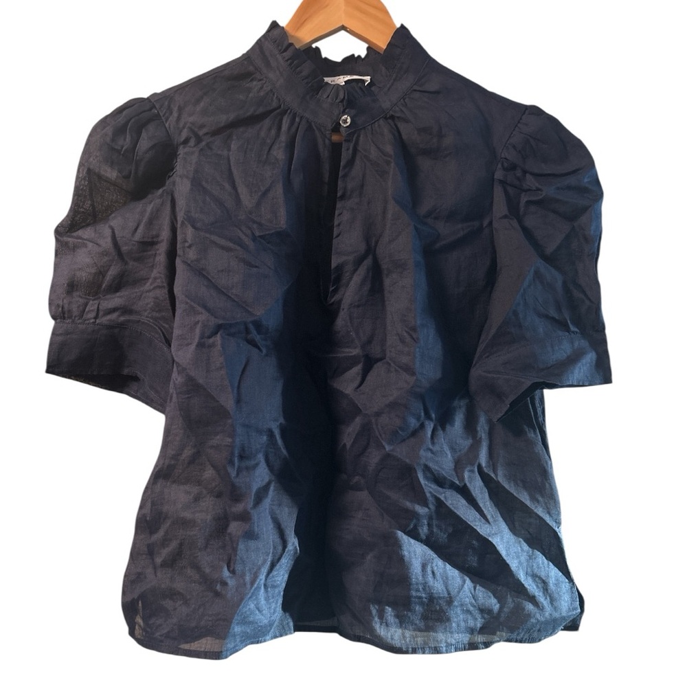Frame Navy Ruffled Sheer Blouse